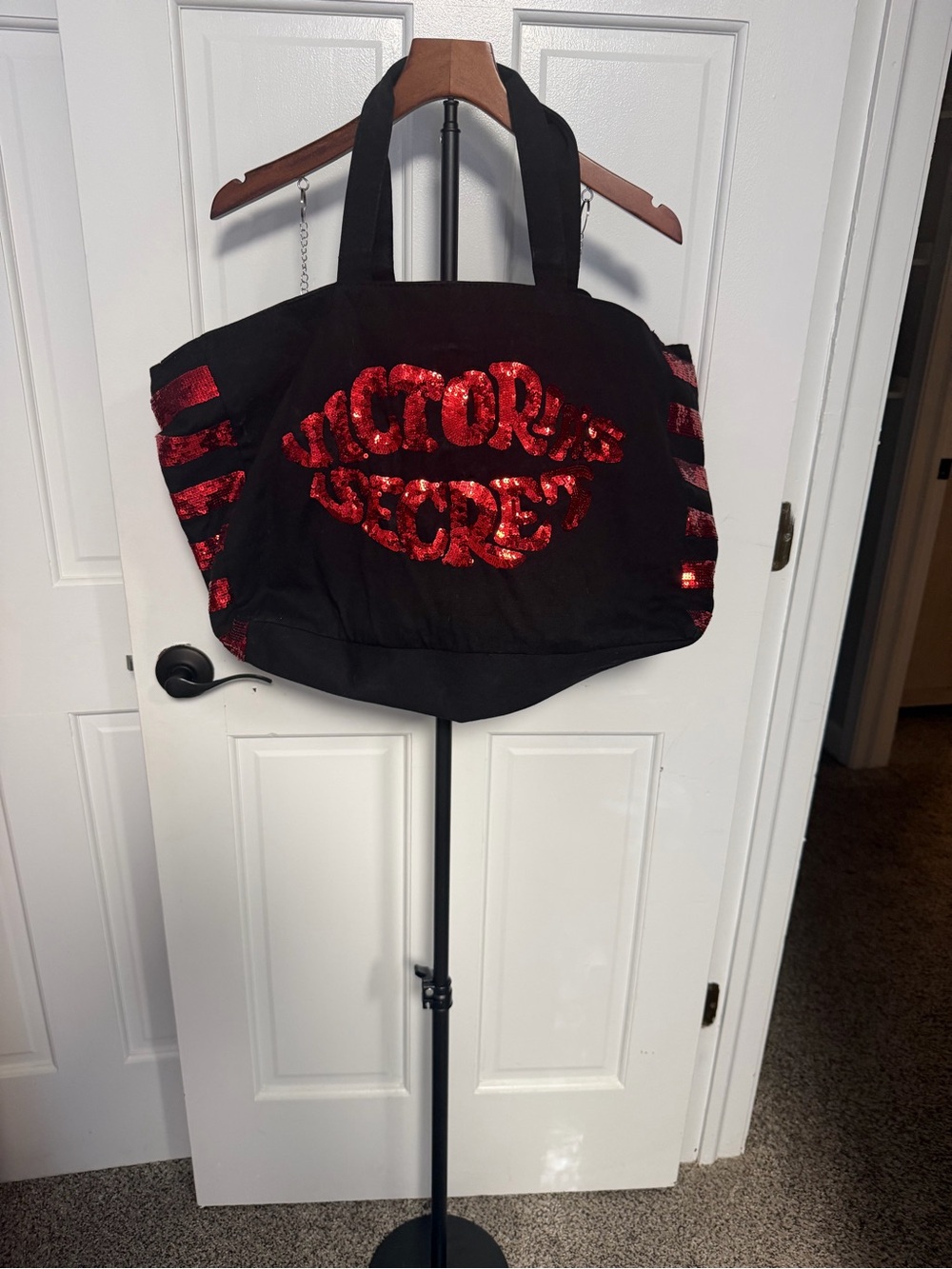 Victoria's Secret Black Tote with Red Sequin Kiss Logo and Stripes